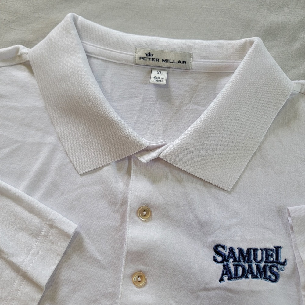 Peter Millar Summer Comfort Polo Mens XL Solid White Samuel‎ Adams Beer SS VTG